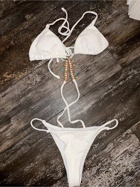 MATTE SWIM Collection White Textured Triangle Bikini with Beaded Accent
